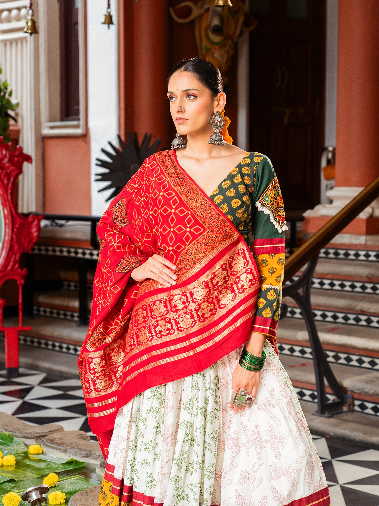 Heritage Printed Ivory & Green Chaniya Choli Set