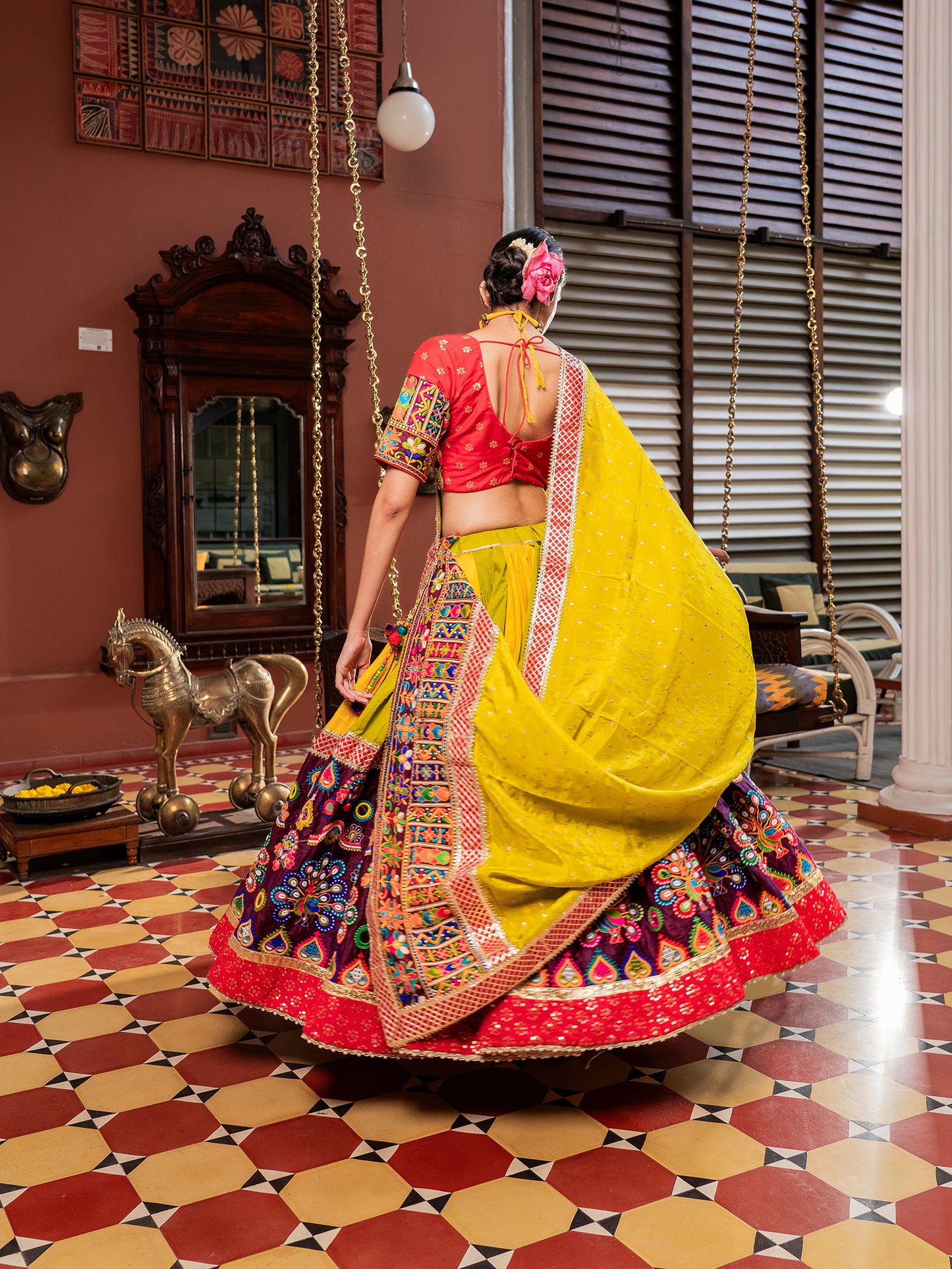 Kutchi Peacock Embroidered Chaniya Choli Set