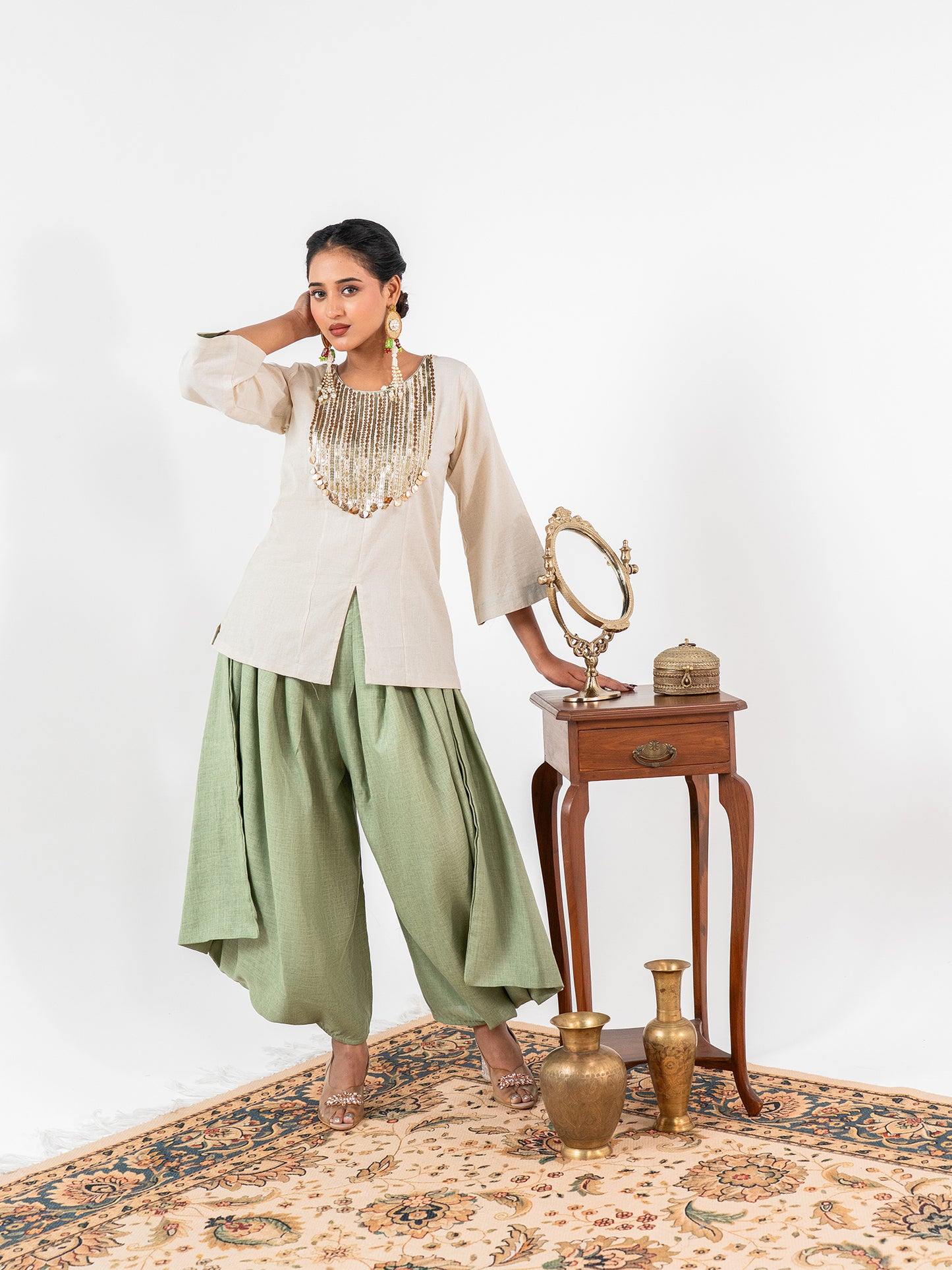 'Kriti' Ivory-Sage Dhoti Ensemble Co-Ord Set