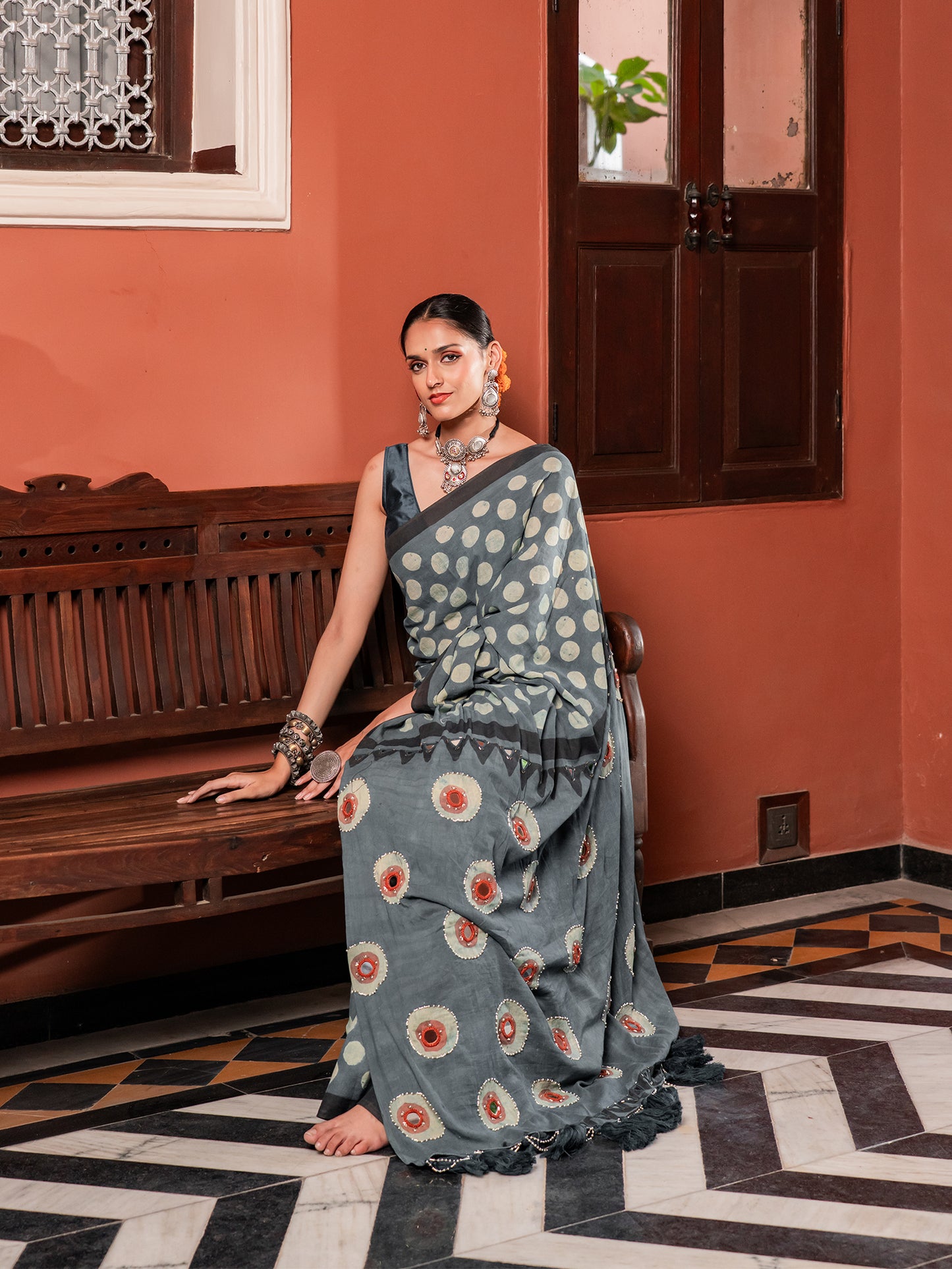 Grand Indigo Polka Dot Mul Cotton Saree