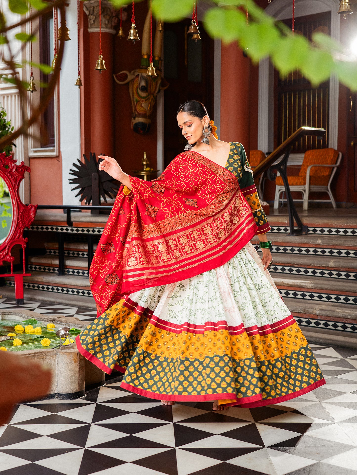 Heritage Printed Ivory & Green Chaniya Choli Set