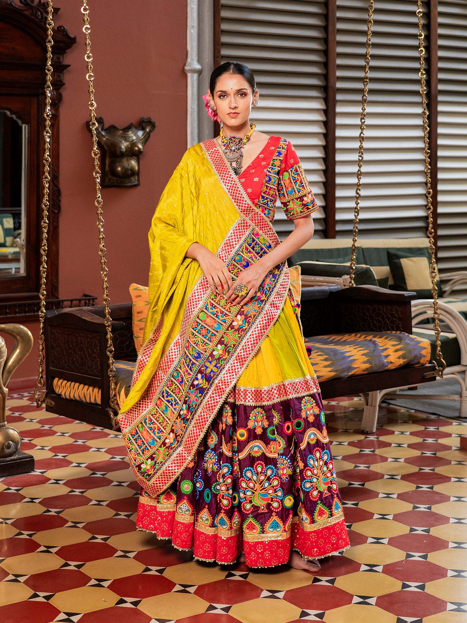 Kutchi Peacock Embroidered Chaniya Choli Set