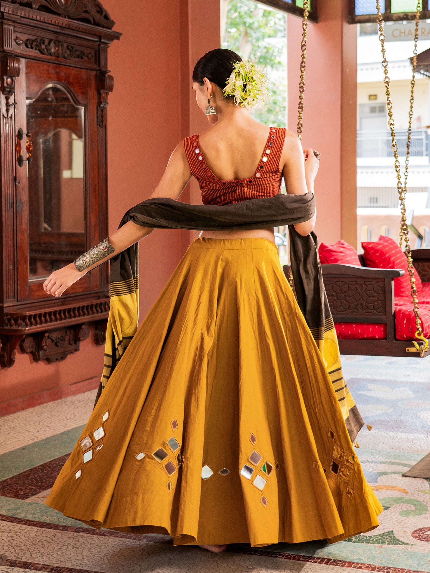 Kutchi Courtyard In Mustard Chaniya Choli Set
