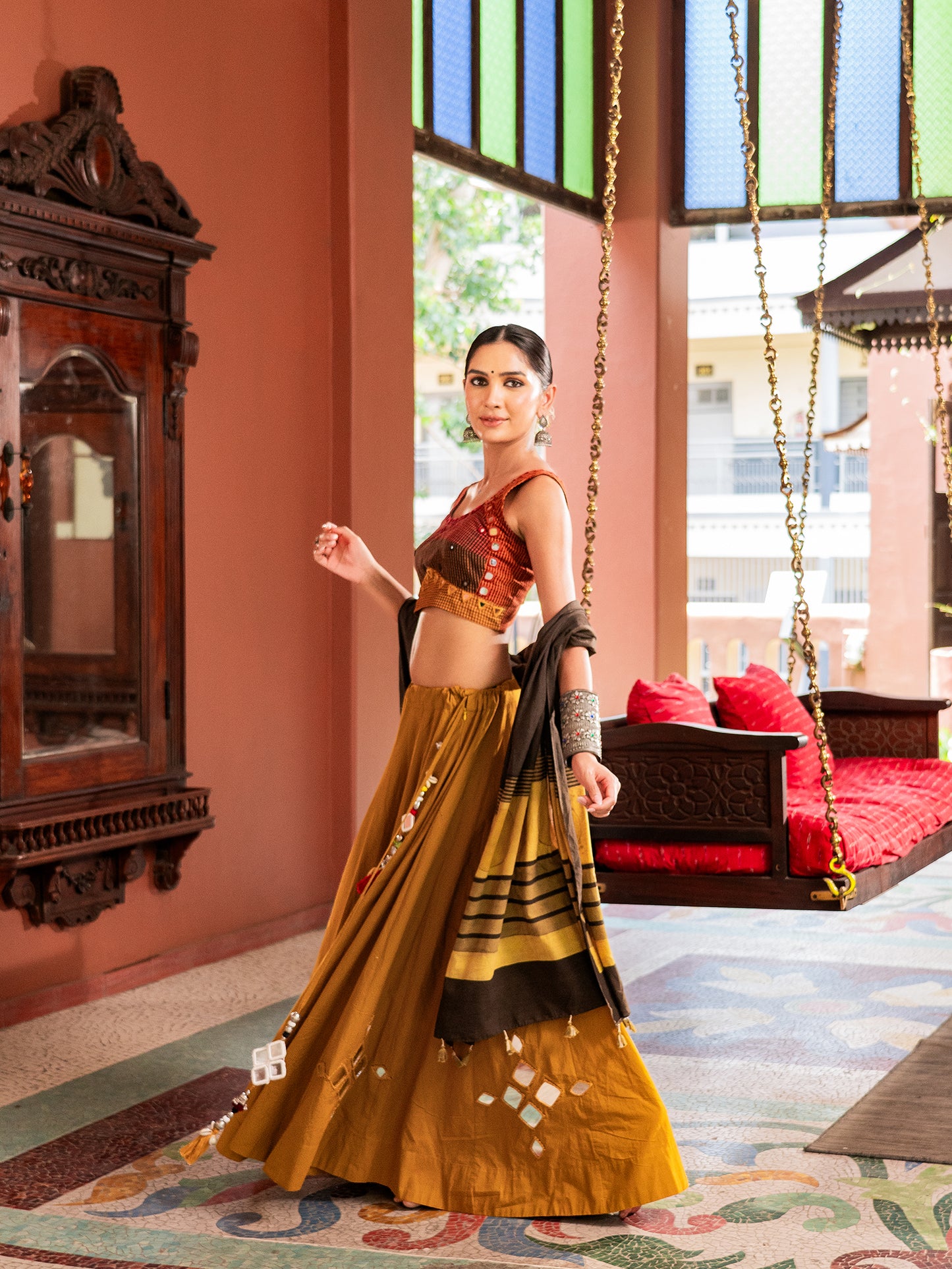 Kutchi Courtyard In Mustard Chaniya Choli Set