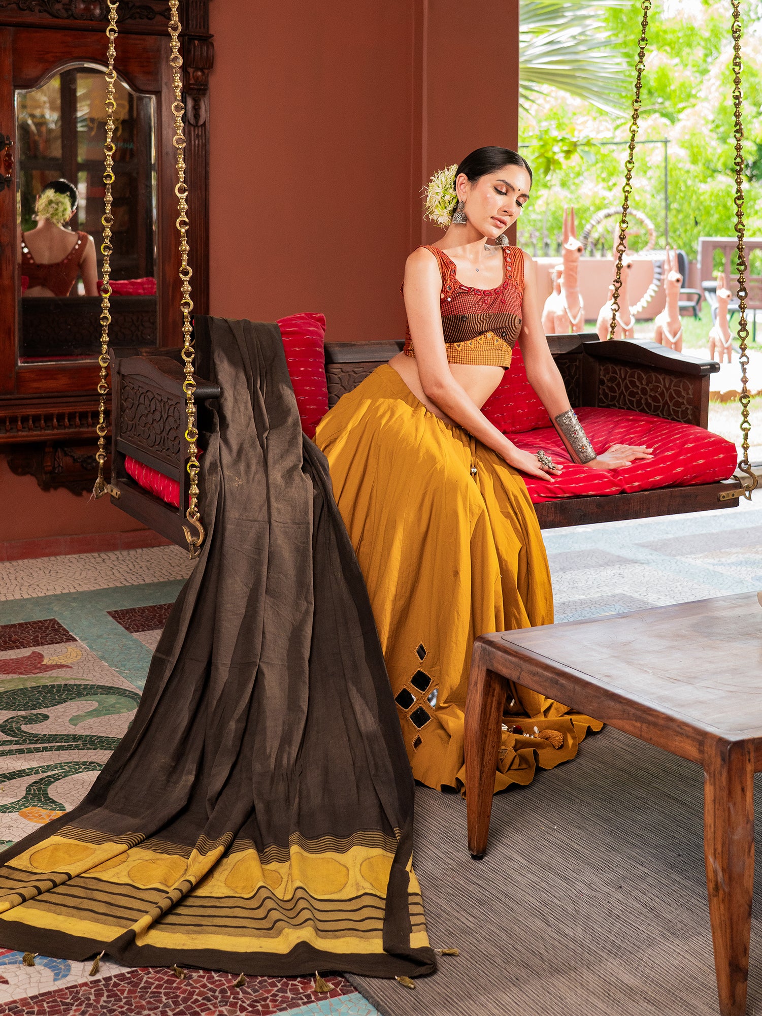 Kutchi Courtyard In Mustard Chaniya Choli Set