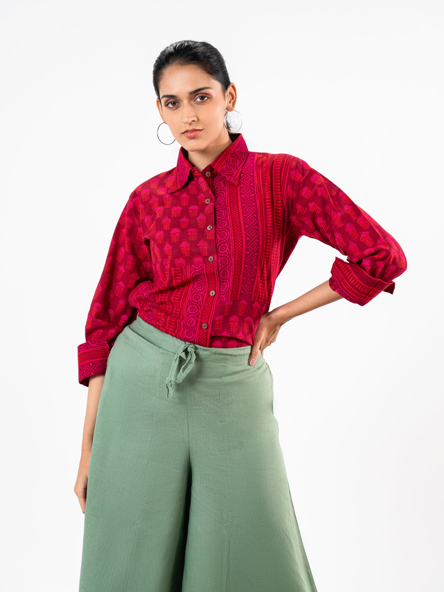 'Mrunal' Crimson Red & Green Linen Co-Ord Set