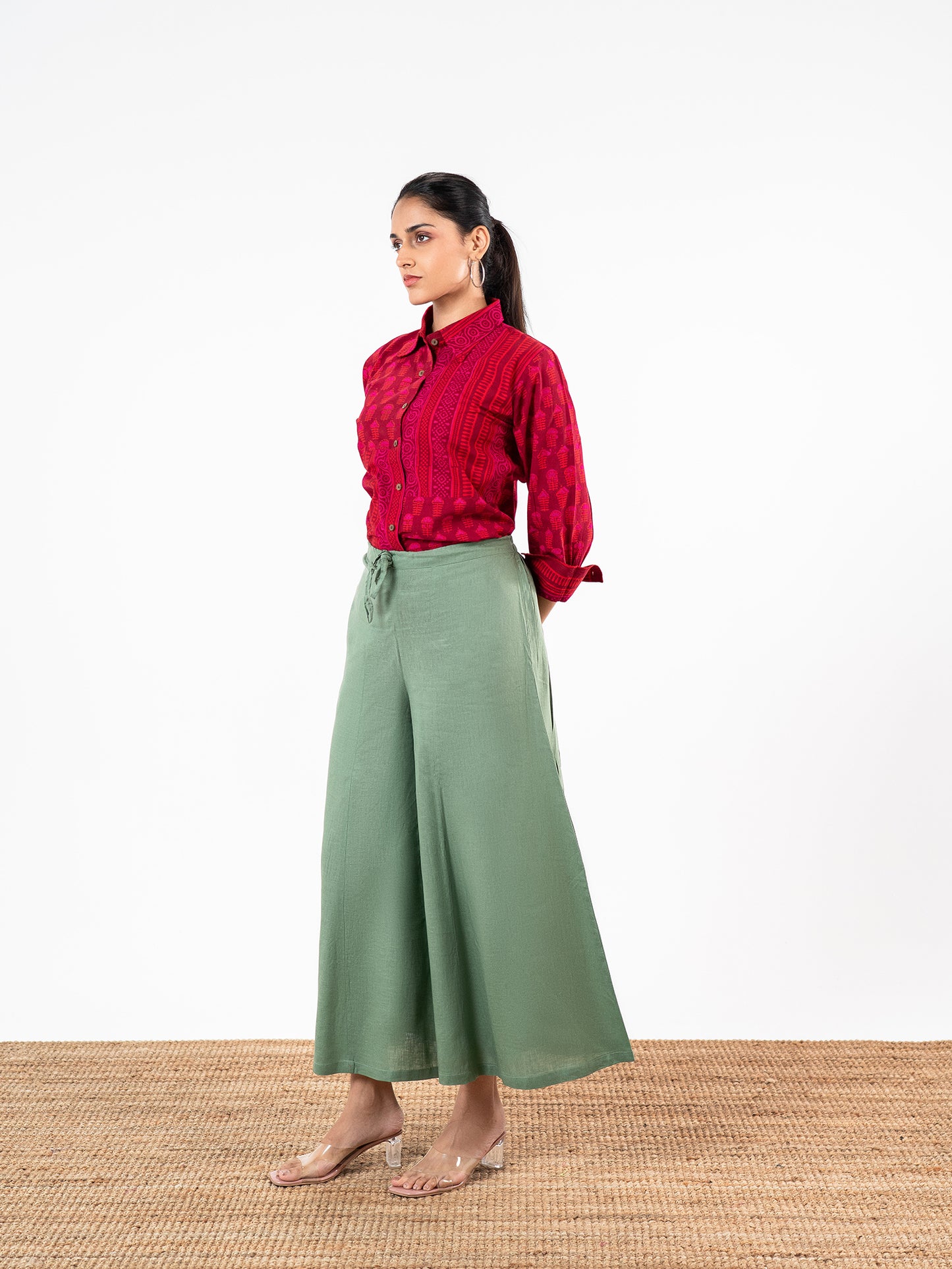 'Mrunal' Crimson Red & Green Linen Co-Ord Set