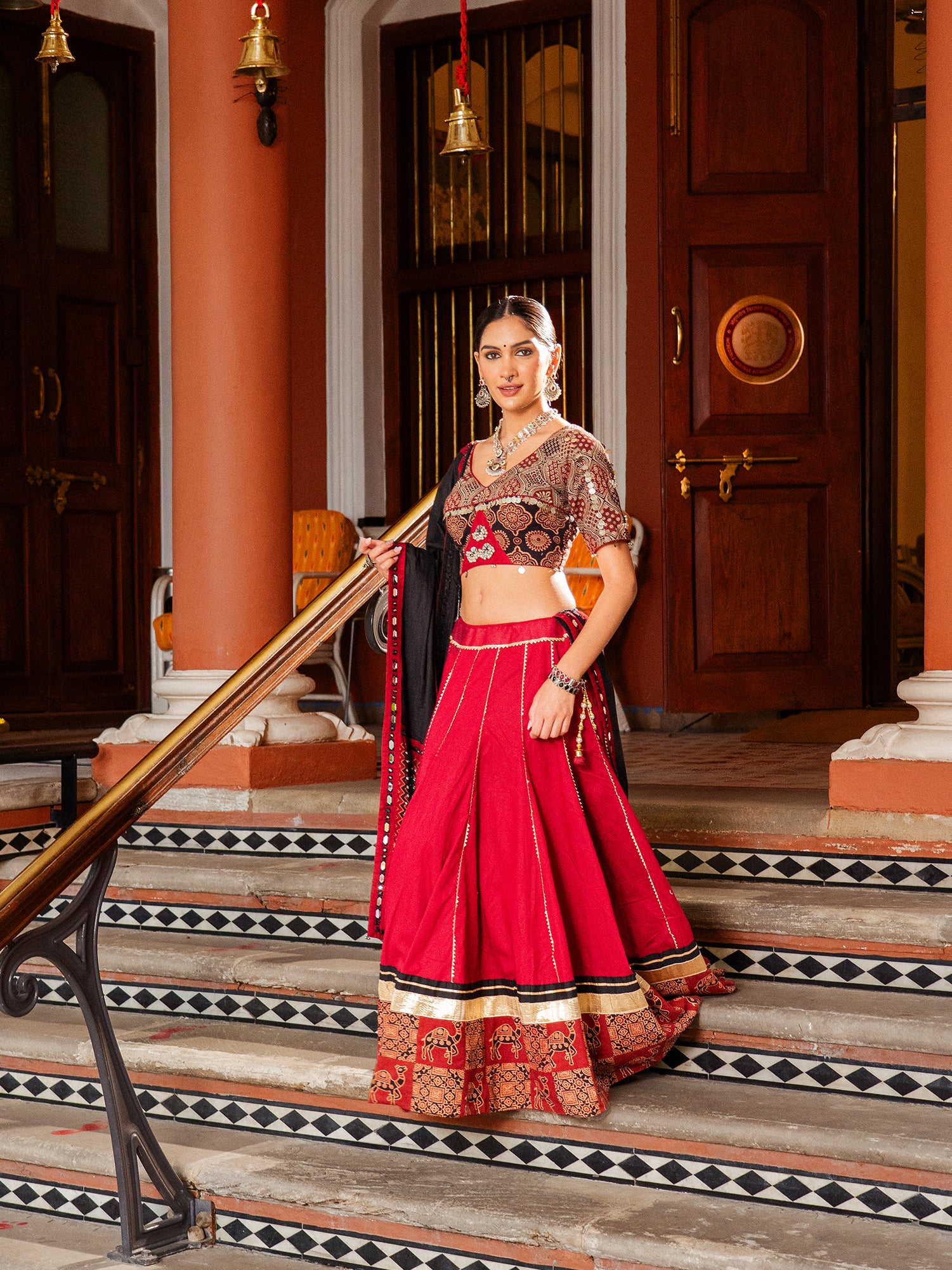 Kutchi Ajrakh Classic Red Chaniya Choli Set