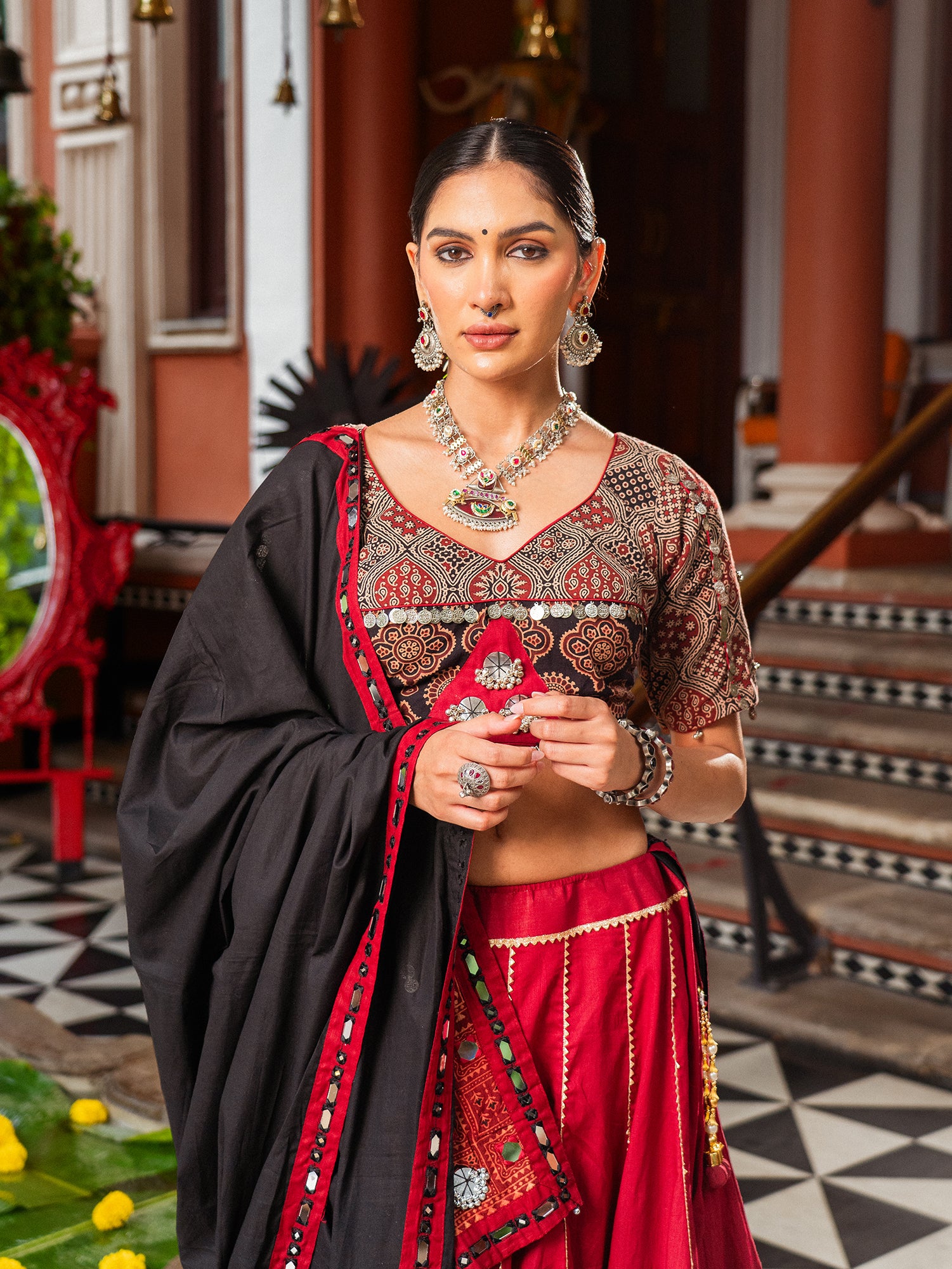 Kutchi Ajrakh Classic Red Chaniya Choli Set