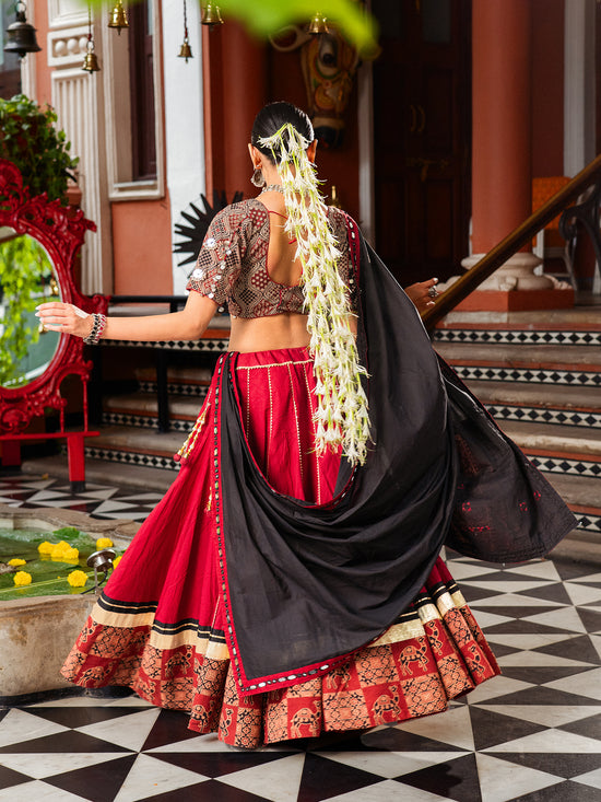Kutchi Ajrakh Classic Red Chaniya Choli Set