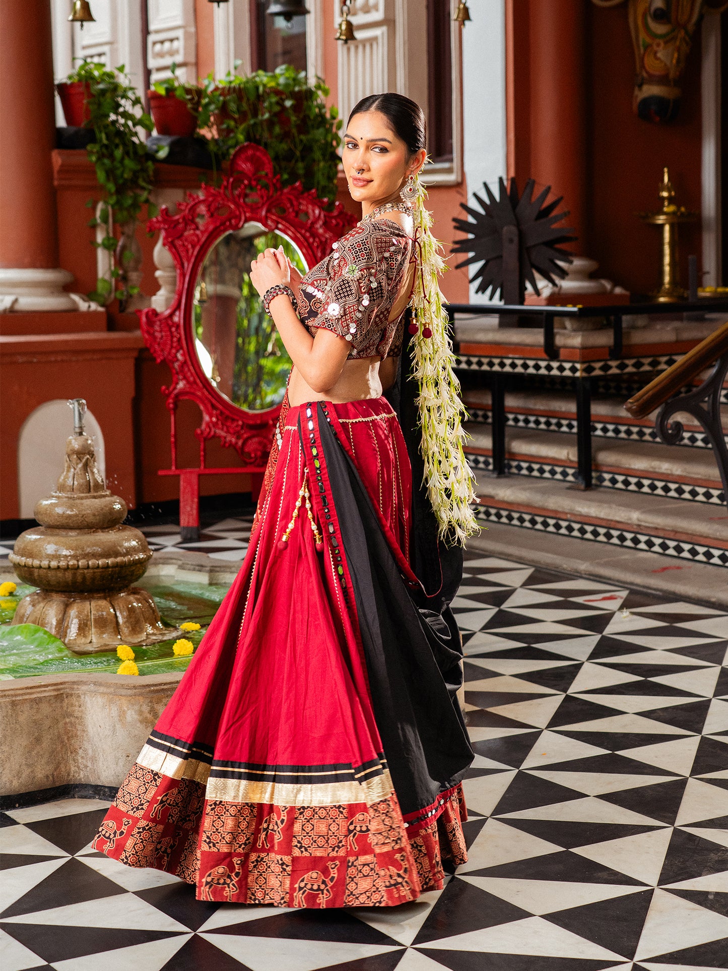 Kutchi Ajrakh Classic Red Chaniya Choli Set