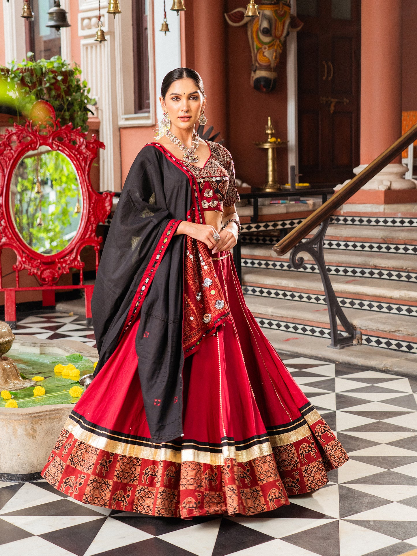 Kutchi Ajrakh Classic Red Chaniya Choli Set
