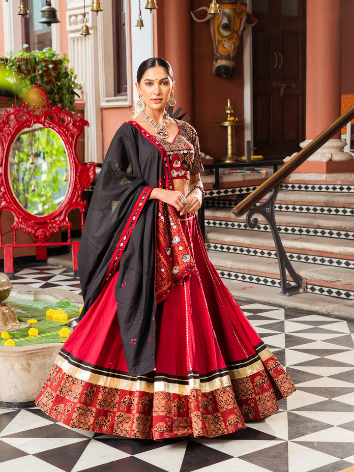 Kutchi Ajrakh Classic Red Chaniya Choli Set