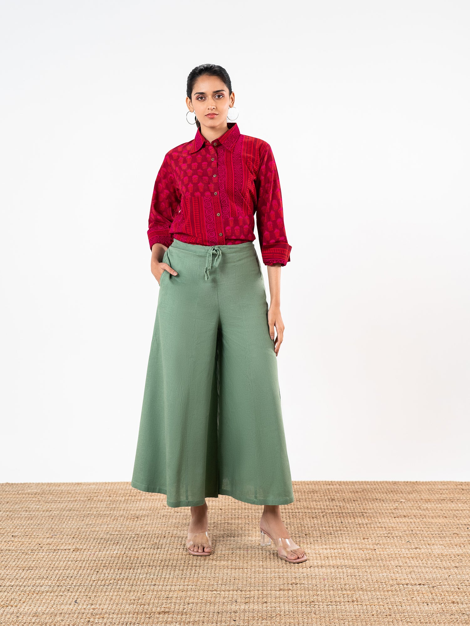 'Mrunal' Crimson Red & Green Linen Co-Ord Set