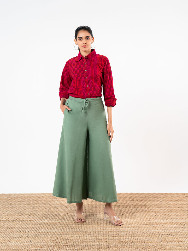 'Mrunal' Crimson Red & Green Linen Co-Ord Set