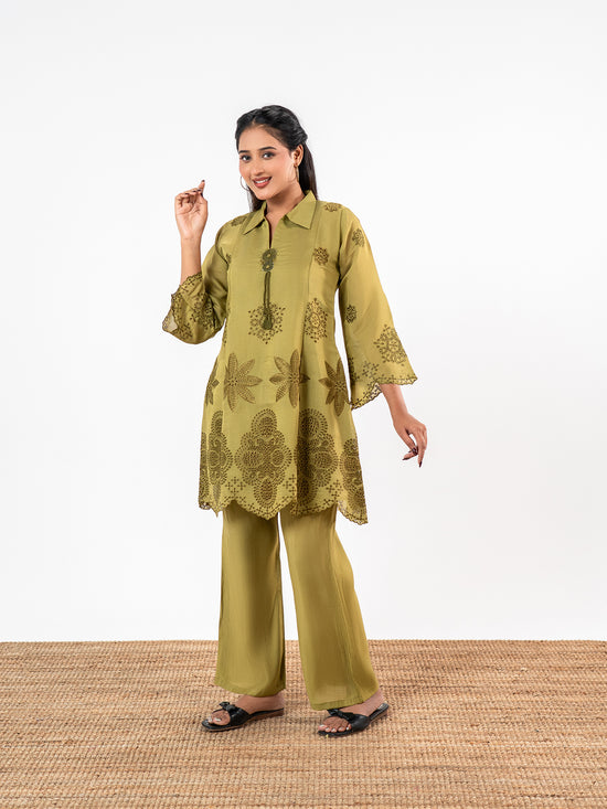 'Esha' Olive Cotton Schiffli Co-Ord Set