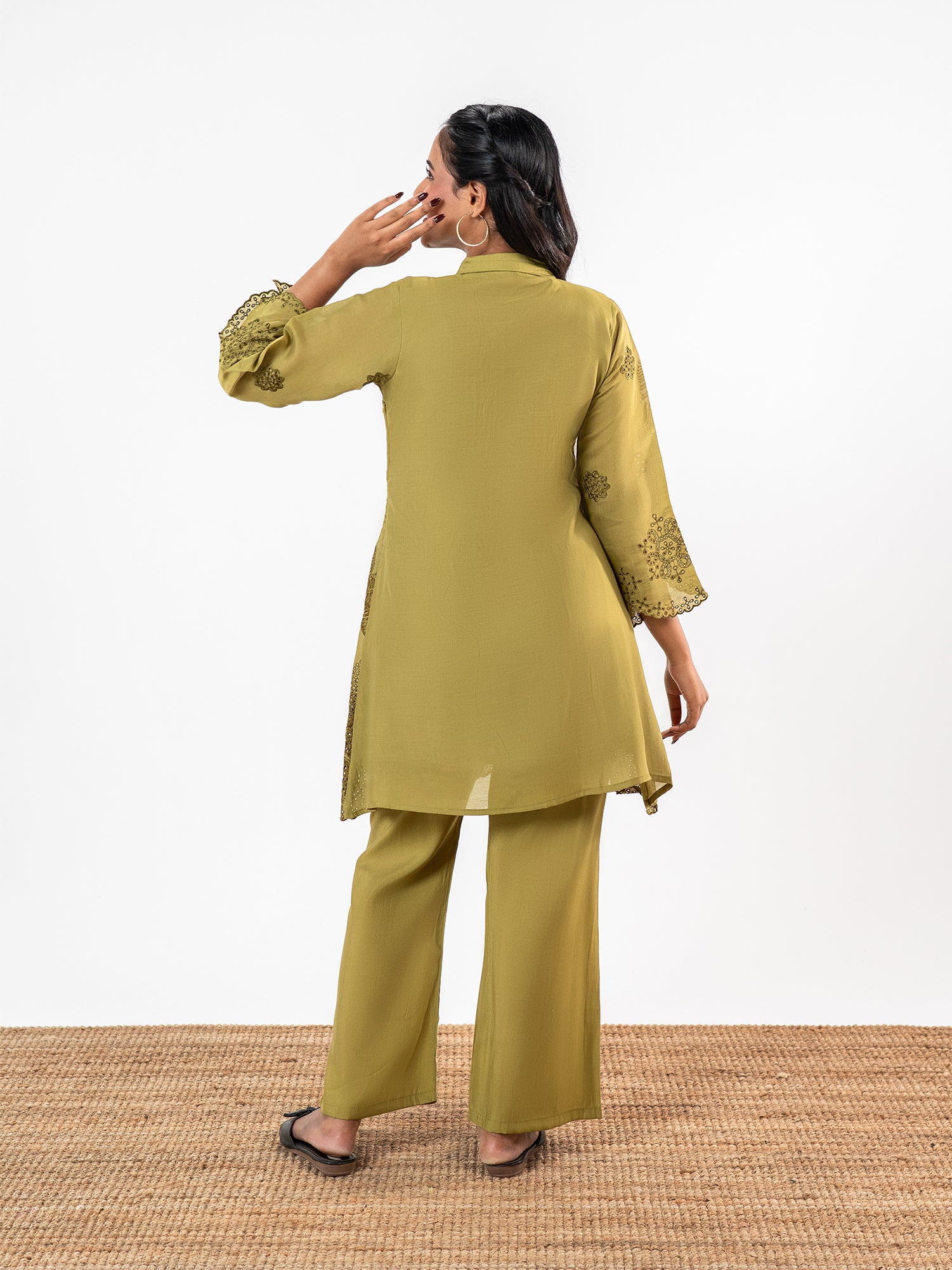 'Esha' Olive Cotton Schiffli Co-Ord Set