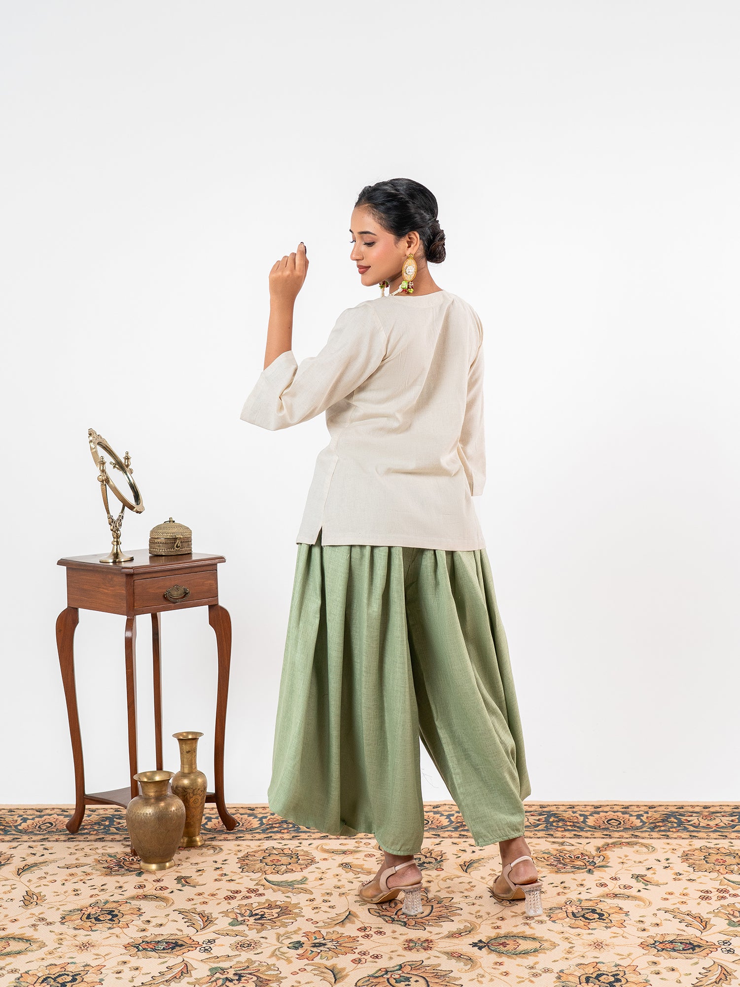 'Kriti' Ivory-Sage Dhoti Ensemble Co-Ord Set