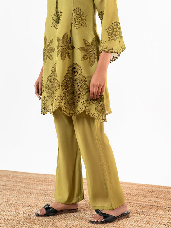 'Esha' Olive Cotton Schiffli Co-Ord Set