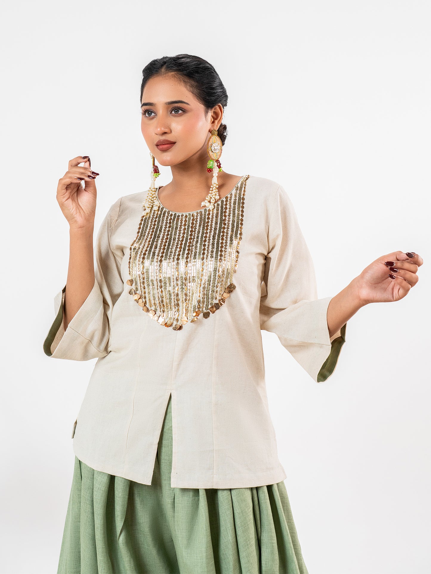 'Kriti' Ivory-Sage Dhoti Ensemble Co-Ord Set