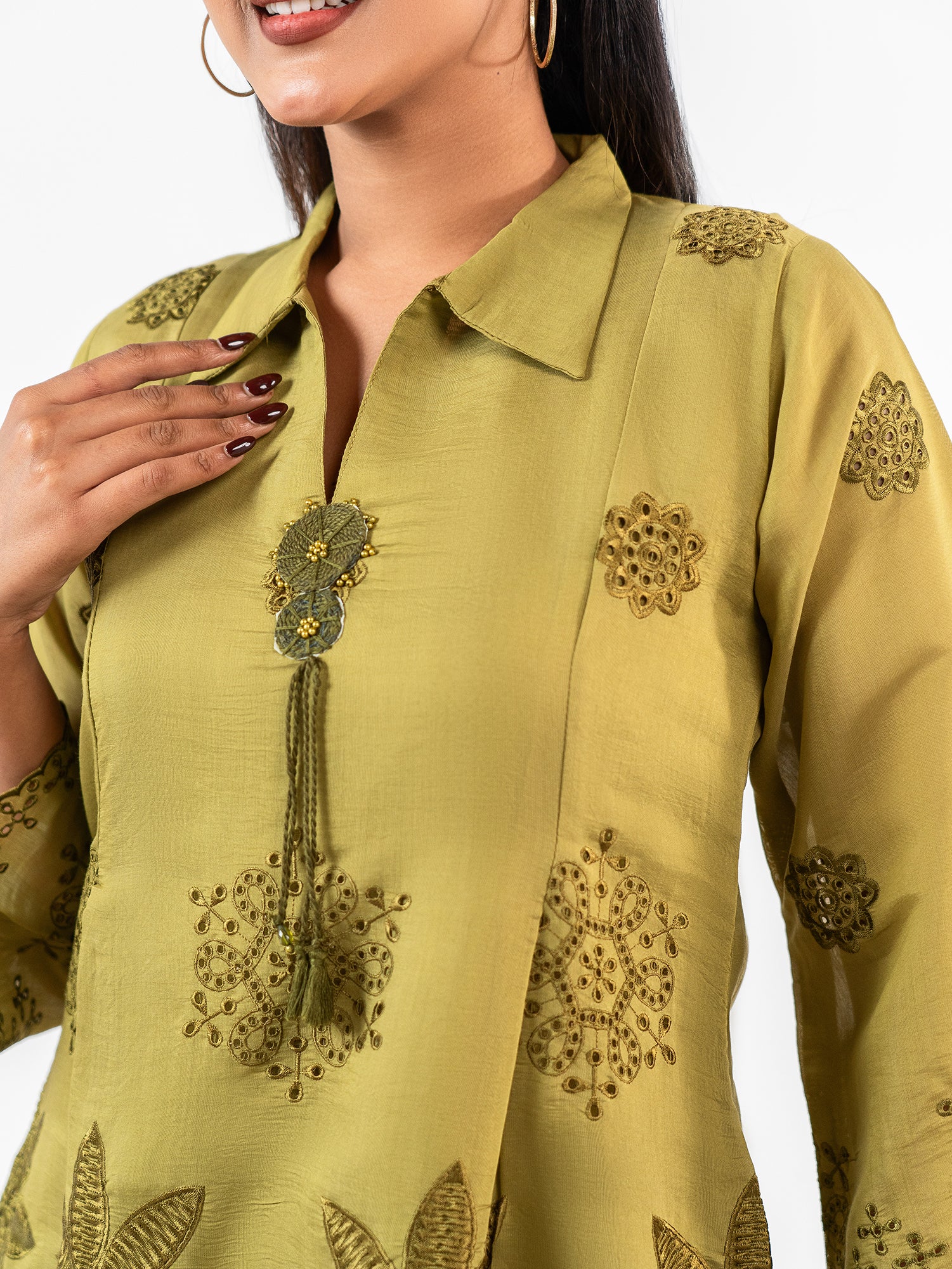 'Esha' Olive Cotton Schiffli Co-Ord Set