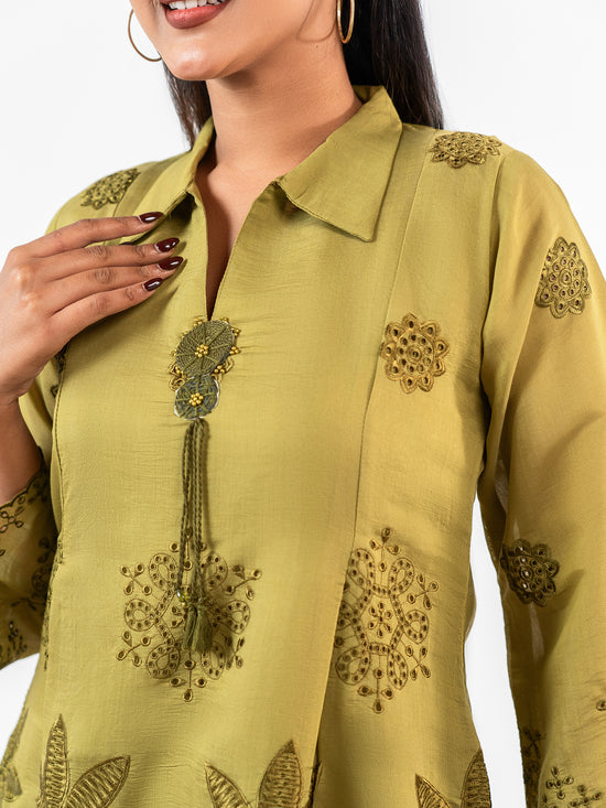 'Esha' Olive Cotton Schiffli Co-Ord Set