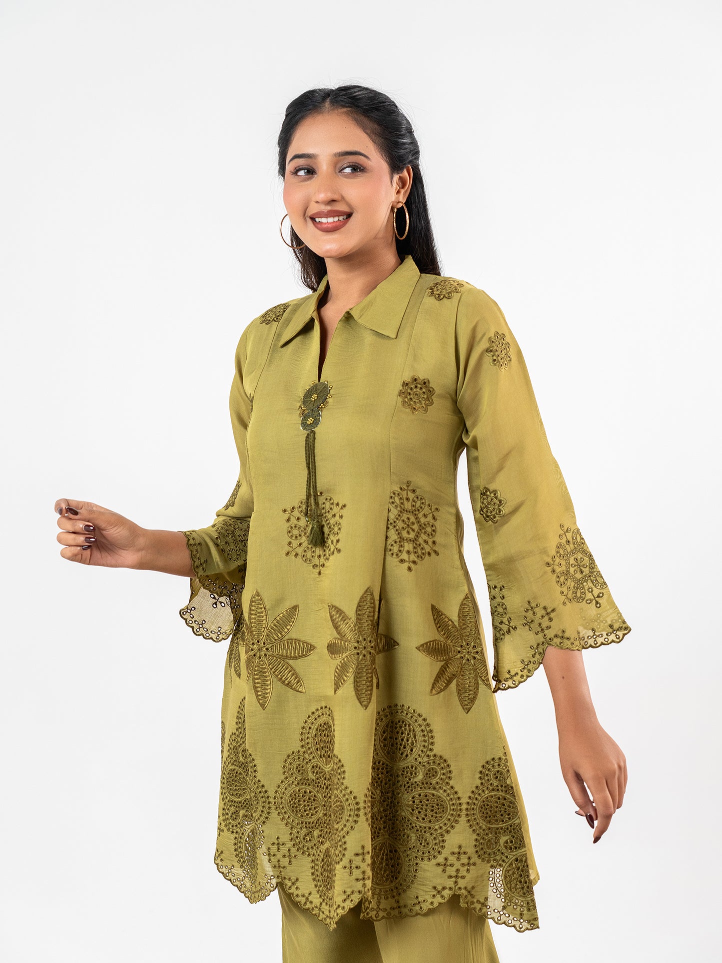 'Esha' Olive Cotton Schiffli Co-Ord Set
