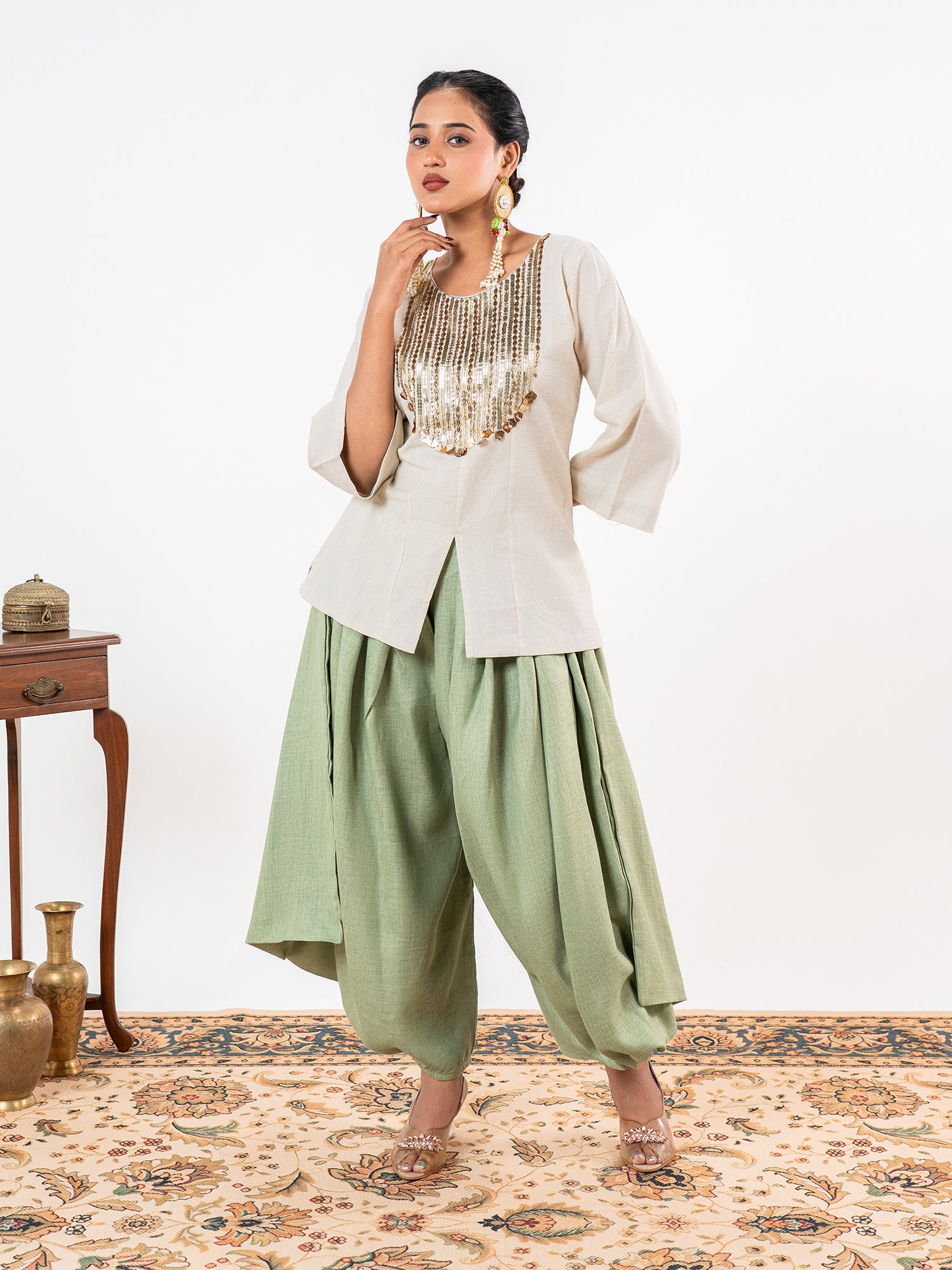 'Kriti' Ivory-Sage Dhoti Ensemble Co-Ord Set