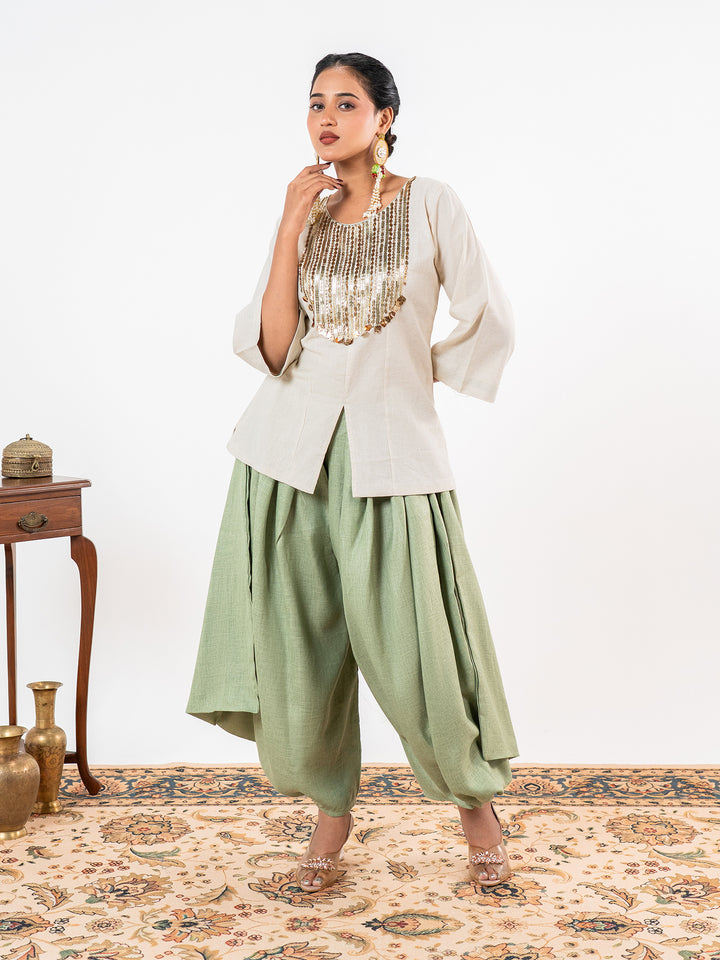 'Kriti' Ivory-Sage Dhoti Ensemble Co-Ord Set