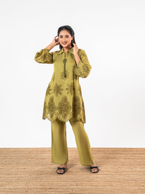 'Esha' Olive Cotton Schiffli Co-Ord Set