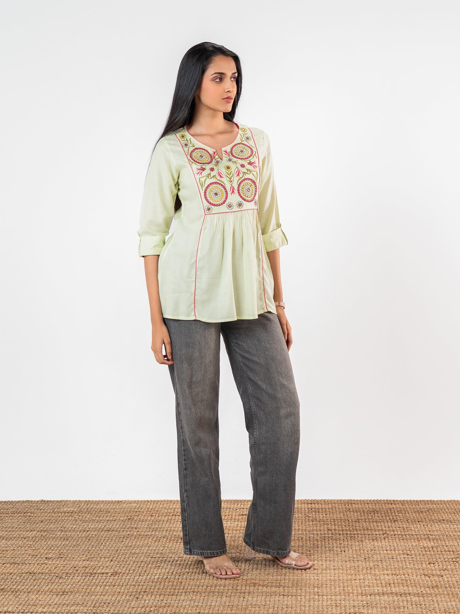 The 'Ananya' Mint Flora Short Kurti