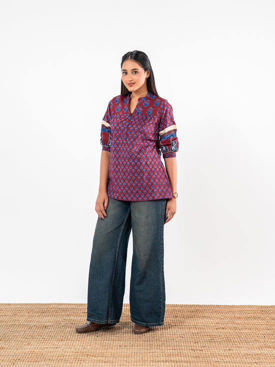 The 'Rudrani' Indigo-Crimson Short Kurti