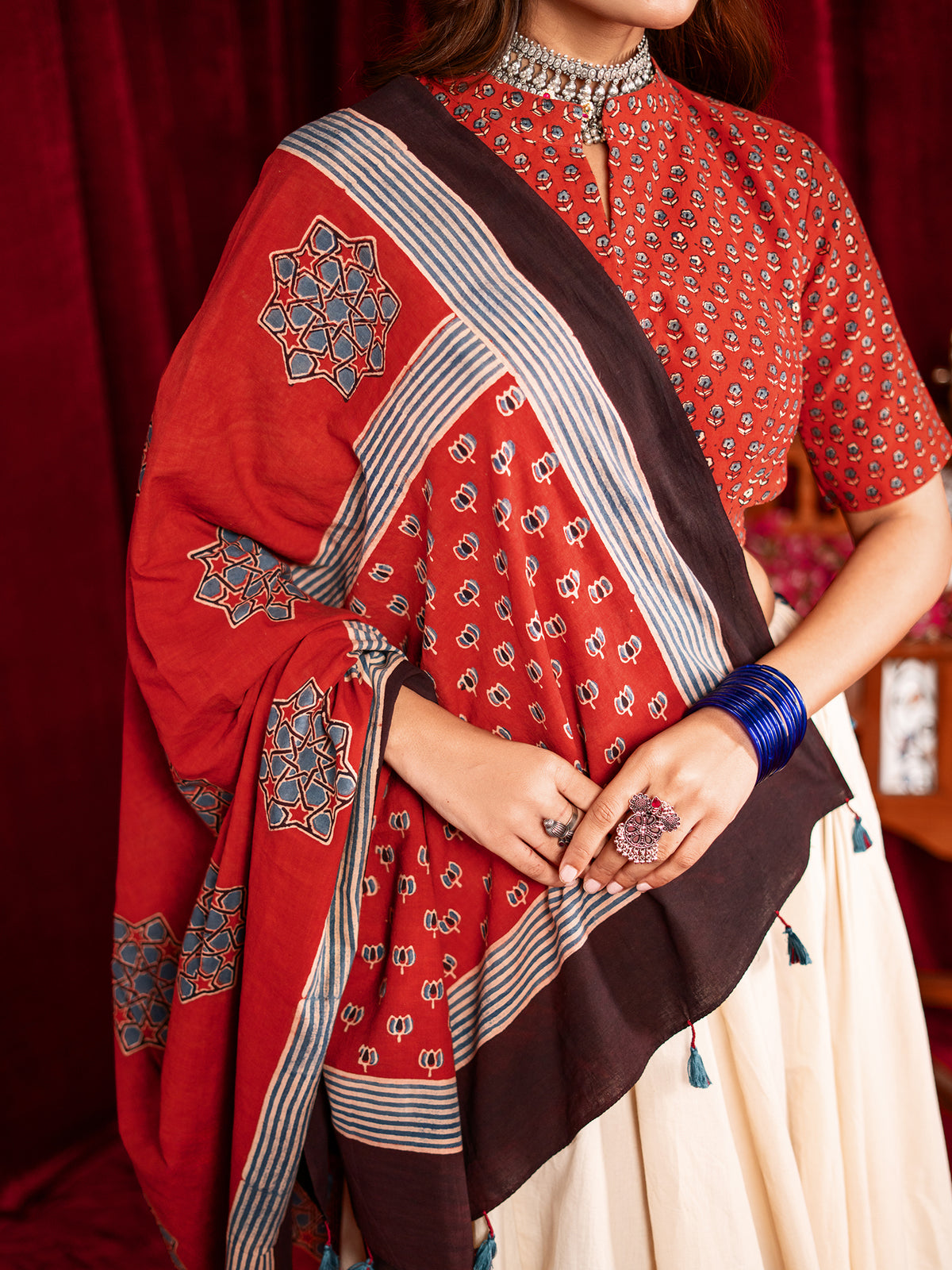 Kutchi Katha in Crimson Chaniya Choli Set