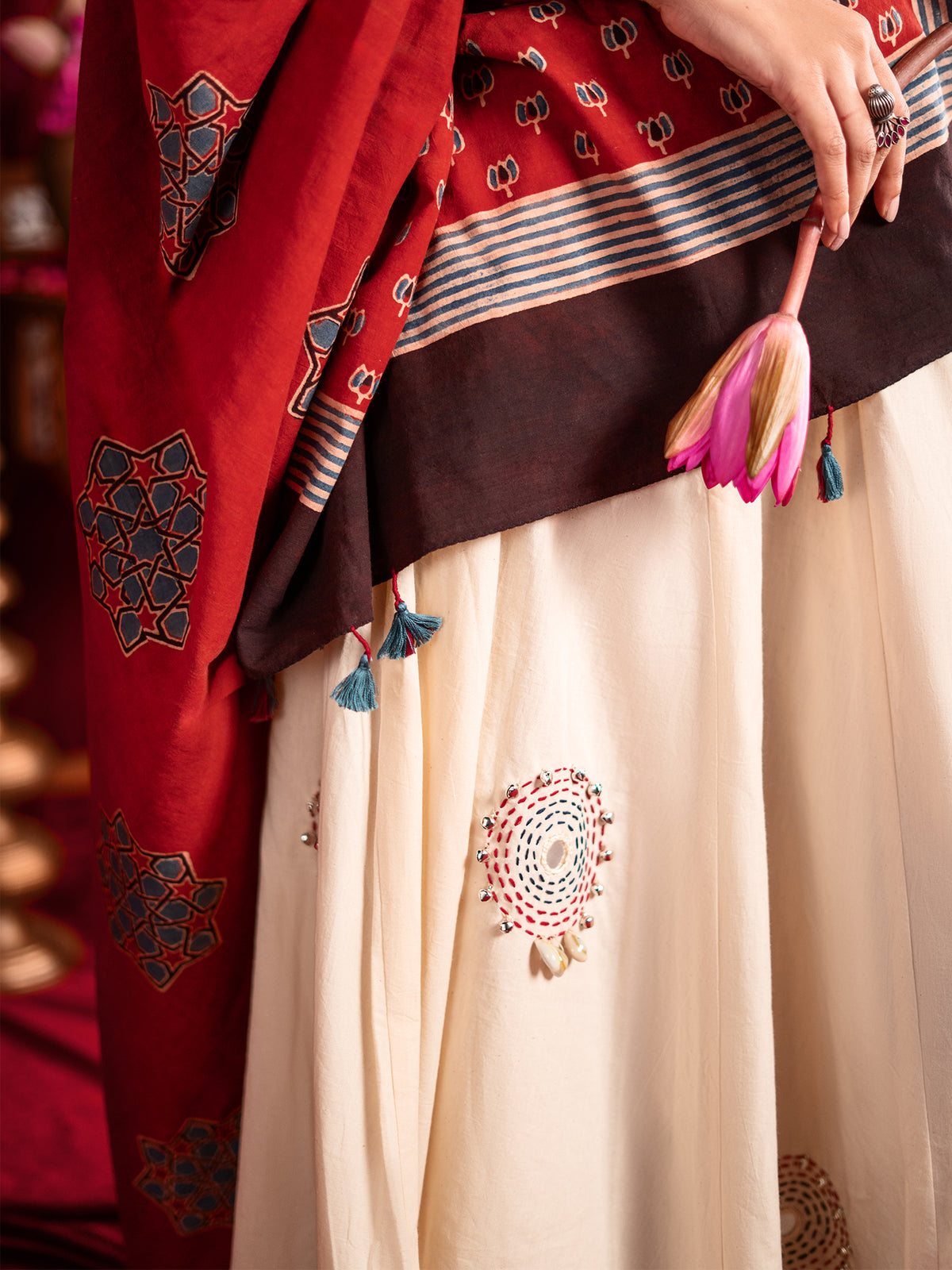 Kutchi Katha in Crimson Chaniya Choli Set