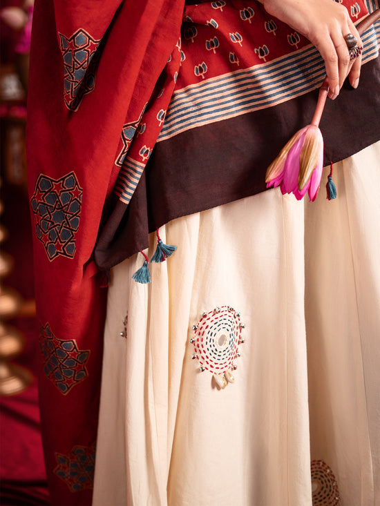 Kutchi Katha in Crimson Chaniya Choli Set