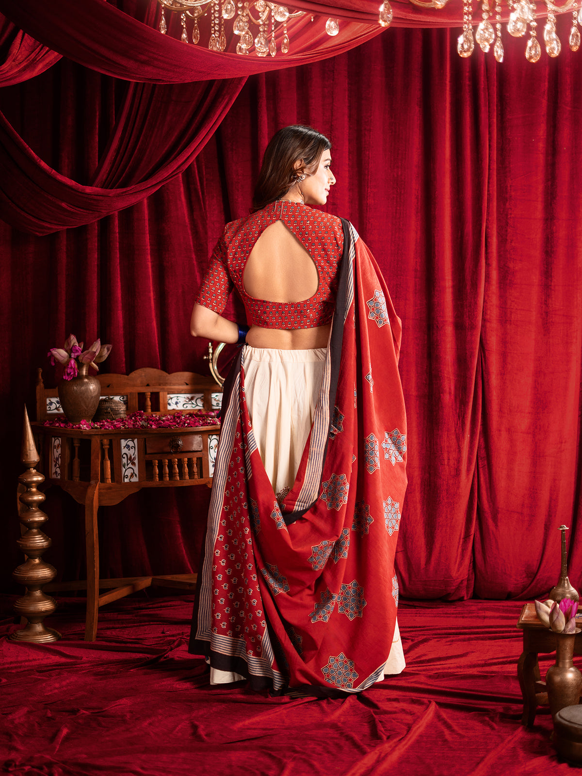 Kutchi Katha in Crimson Chaniya Choli Set
