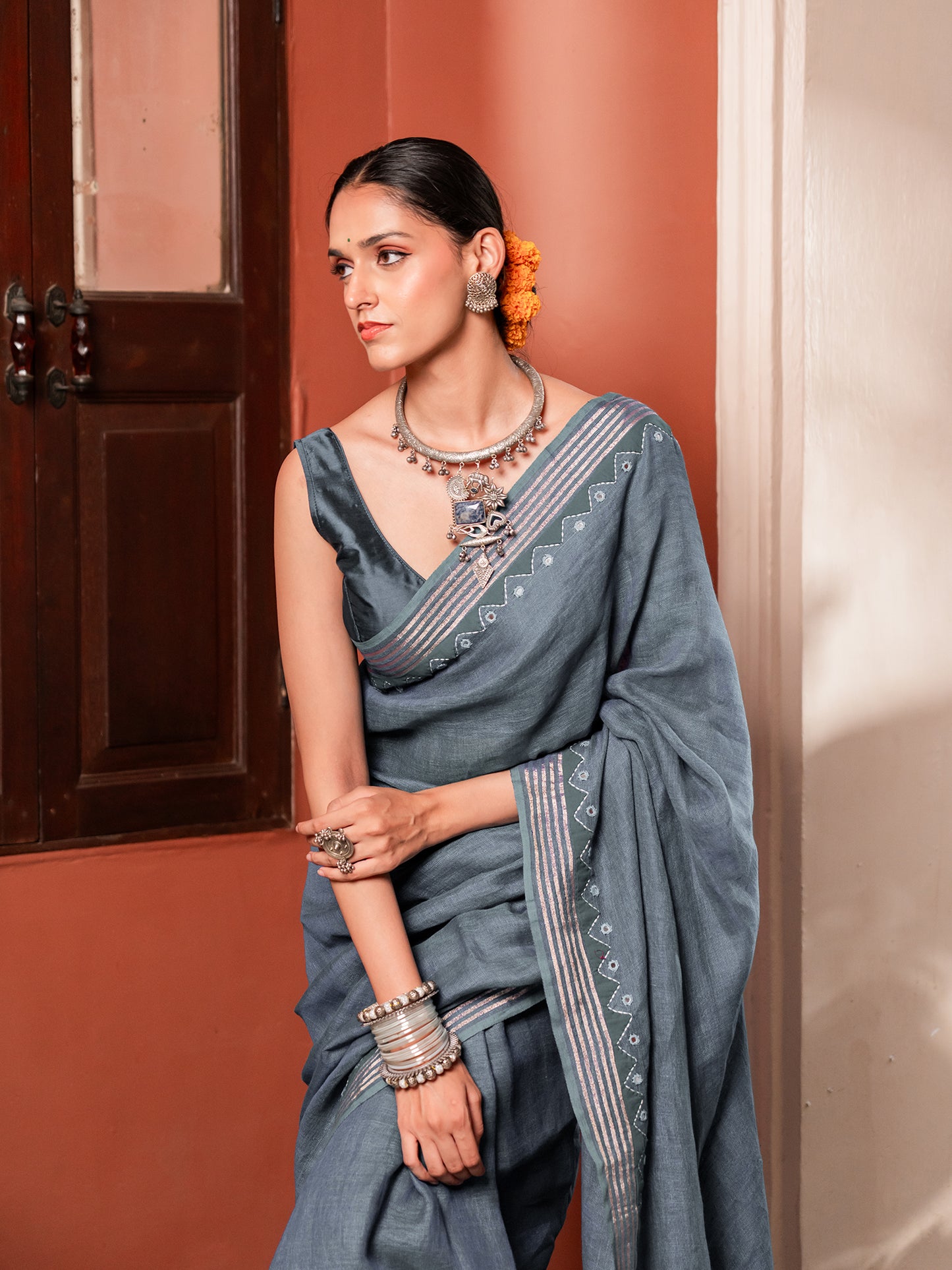 The Firozi Sky Linen Saree