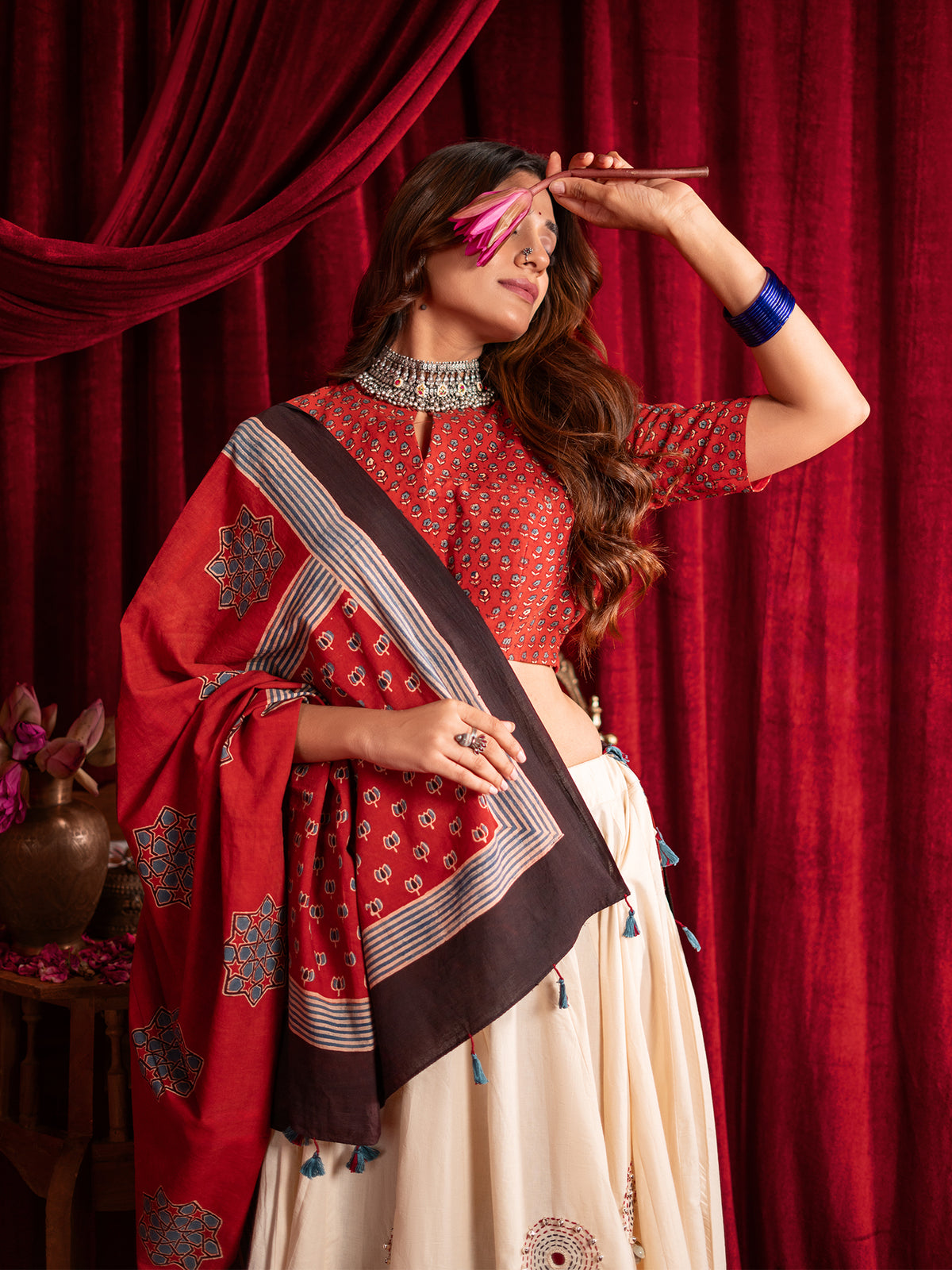 Kutchi Katha in Crimson Chaniya Choli Set