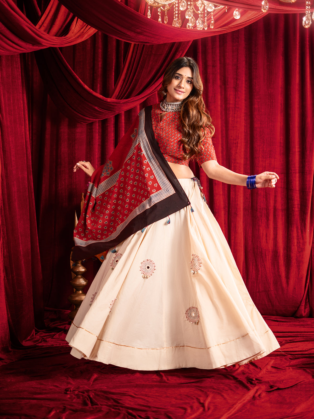 Kutchi Katha in Crimson Chaniya Choli Set