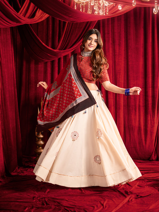 Kutchi Katha in Crimson Chaniya Choli Set