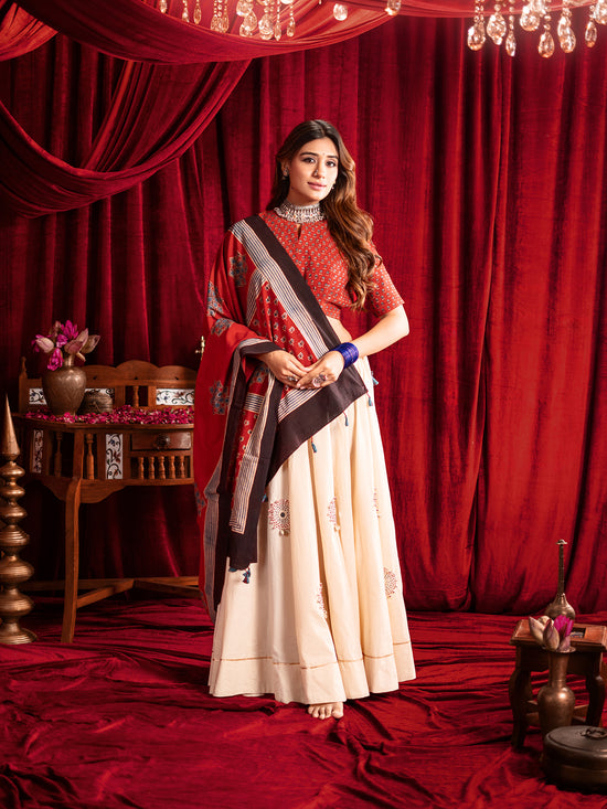 Kutchi Katha in Crimson Chaniya Choli Set