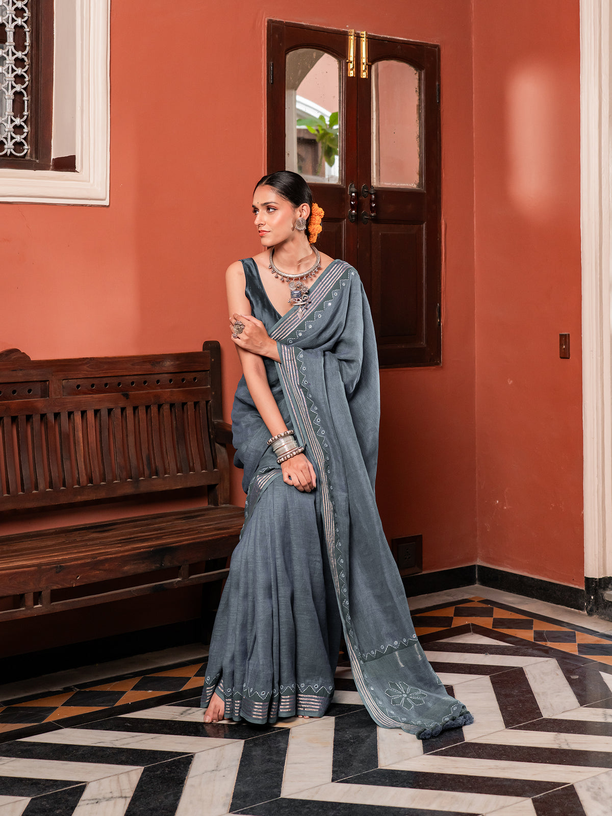The Firozi Sky Linen Saree