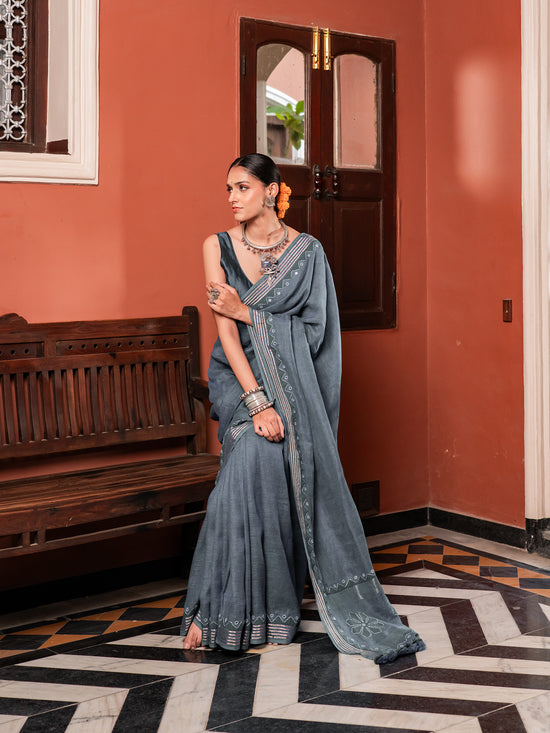 The Firozi Sky Linen Saree