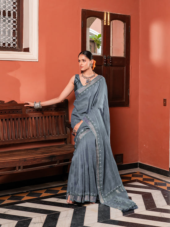 The Firozi Sky Linen Saree