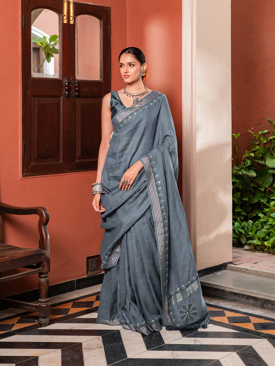 The Firozi Sky Linen Saree