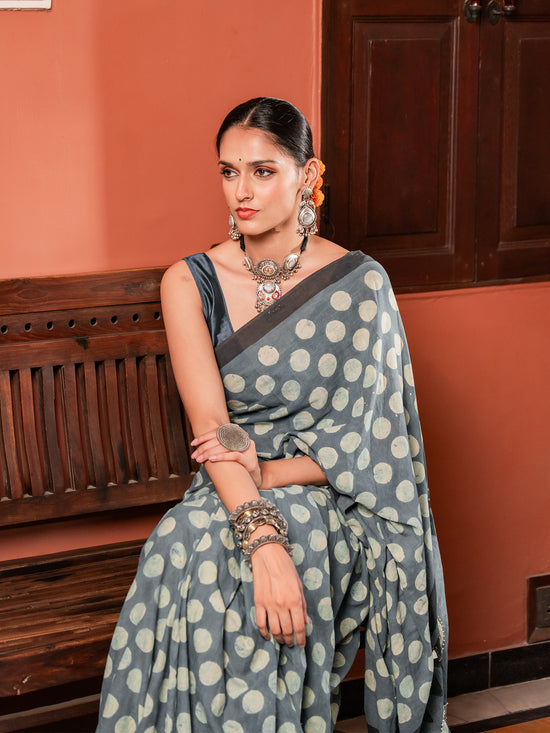 Grand Indigo Polka Dot Mul Cotton Saree
