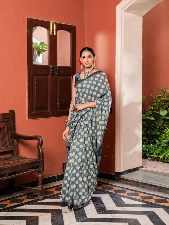 Grand Indigo Polka Dot Mul Cotton Saree