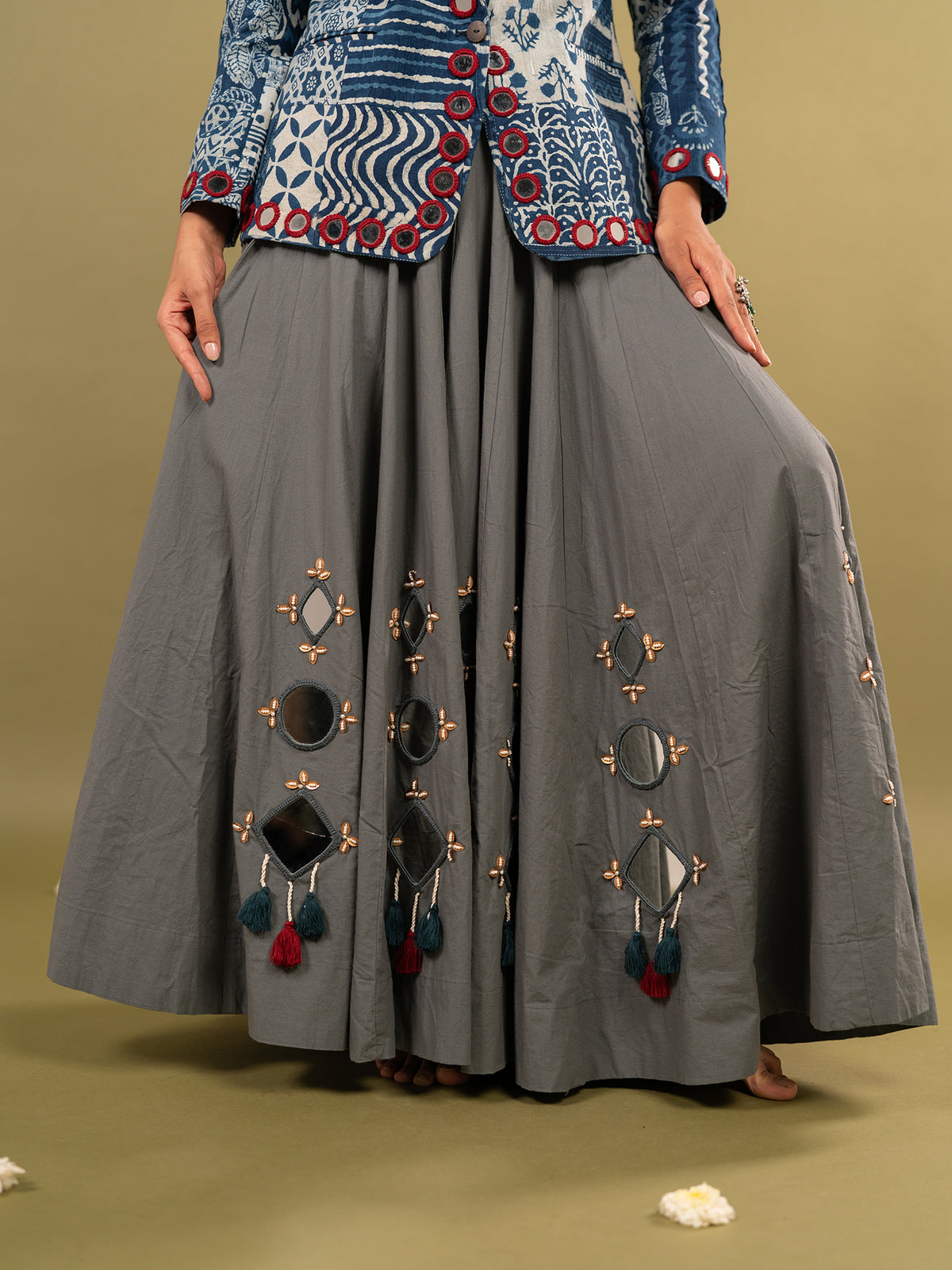 Indi-Grey Kutchi Chaniya Choli with Blazer