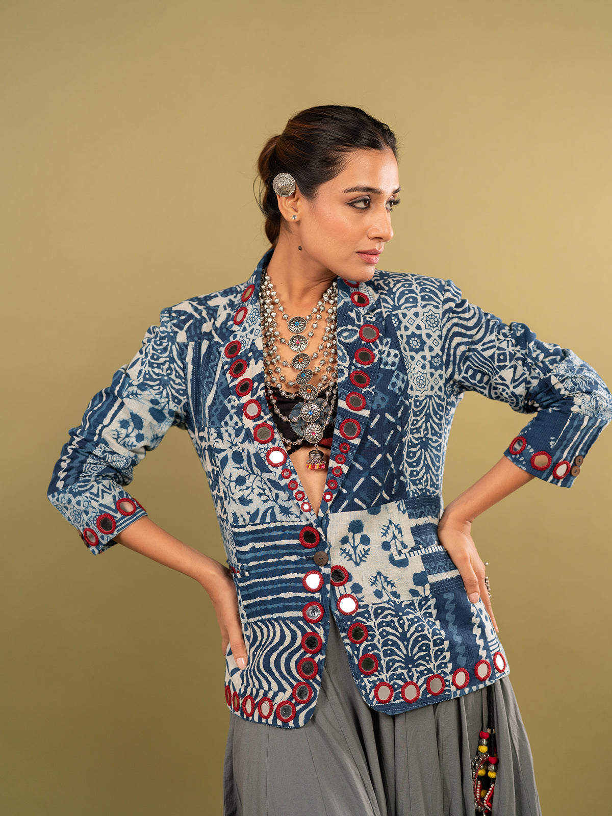 Indi-Grey Kutchi Chaniya Choli with Blazer