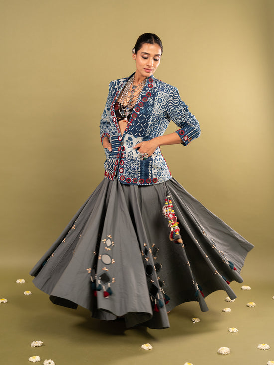 Indi-Grey Kutchi Chaniya Choli with Blazer
